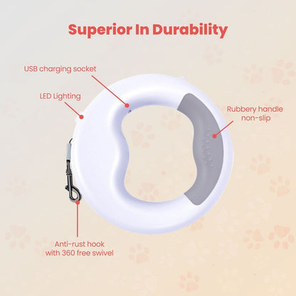 Retractable Dog Leash with USB and LED White